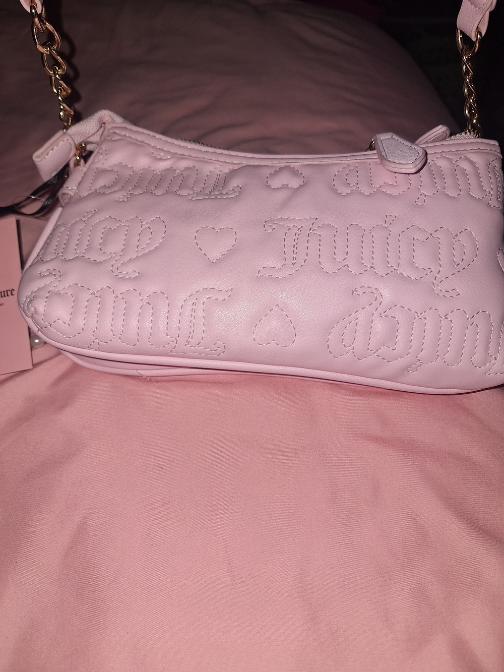 EXCLUSUVE Juicy Couture Light Pink Quilted Shoulder Bag with Bow and Pearl Charm - Picture 6 of 11